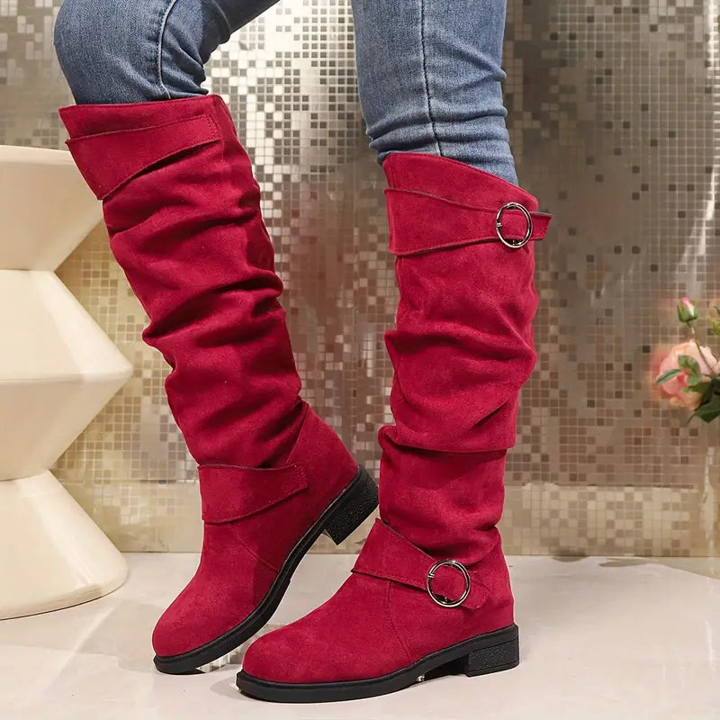 🎄Last day 49% Off❤️ Women's Buckle Belt Pull On Chunky Heel High Knee Boots, Winter Round Toe Slouchy Boots