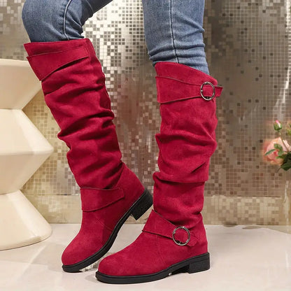 🎄Last day 49% Off❤️ Women's Buckle Belt Pull On Chunky Heel High Knee Boots, Winter Round Toe Slouchy Boots