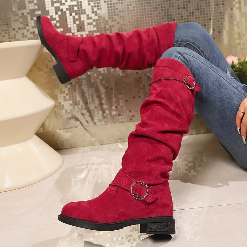🎄Last day 49% Off❤️ Women's Buckle Belt Pull On Chunky Heel High Knee Boots, Winter Round Toe Slouchy Boots