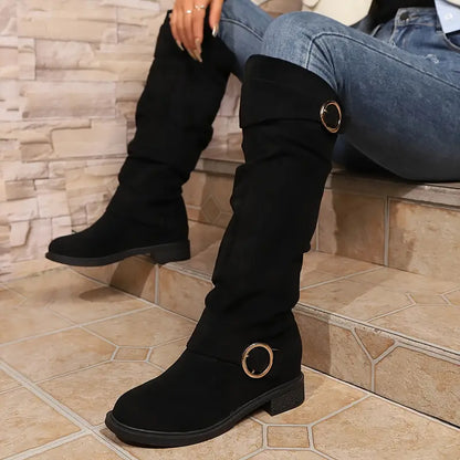 🎄Last day 49% Off❤️ Women's Buckle Belt Pull On Chunky Heel High Knee Boots, Winter Round Toe Slouchy Boots