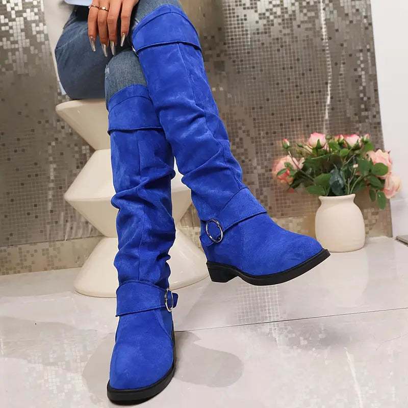 🎄Last day 49% Off❤️ Women's Buckle Belt Pull On Chunky Heel High Knee Boots, Winter Round Toe Slouchy Boots