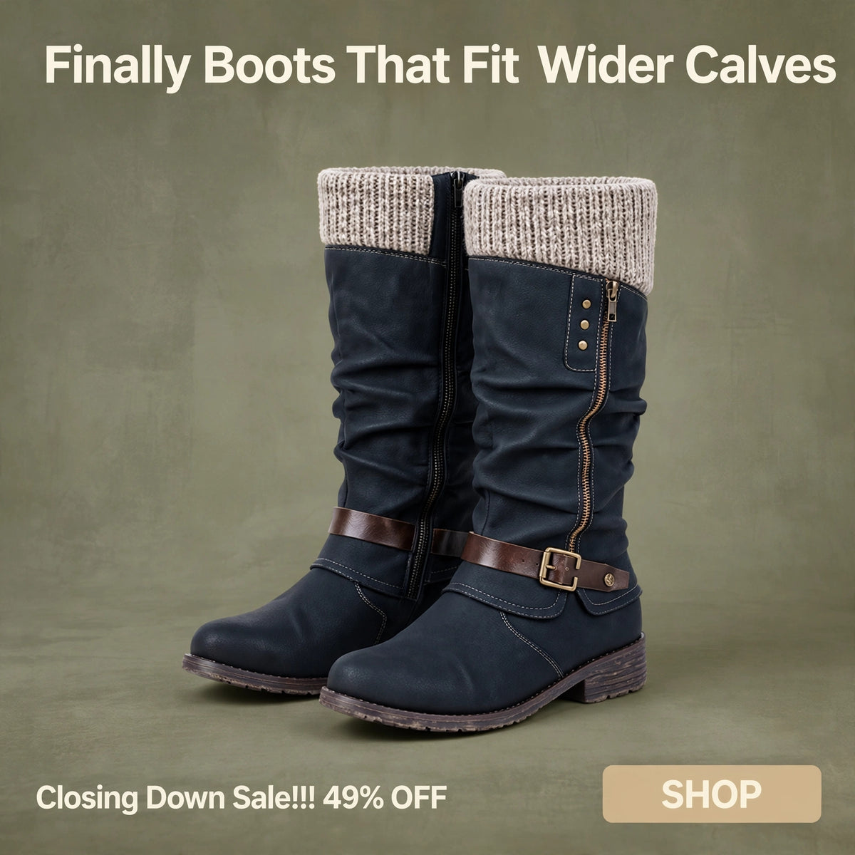 HOT SALE 45% OFF🔥Women’s Leather Flat Heel Wide Mid-Calf Zipper Boots