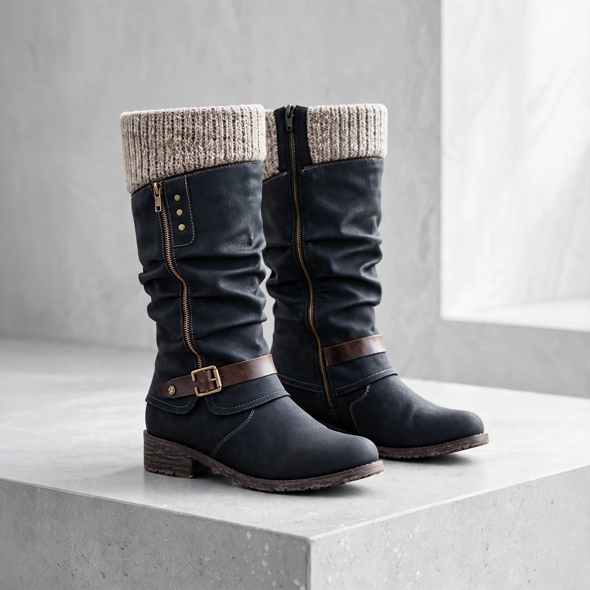 HOT SALE 45% OFF🔥Women’s Leather Flat Heel Wide Mid-Calf Zipper Boots