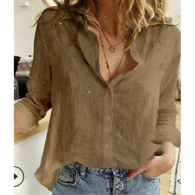 Solid Linen Button Down Shirt, Casual Loose Long Sleeve Plus-size Shirt