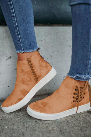 Women High Top Drawstring Zipped Slip-on Sneakers, Comfort Walking Shoes