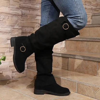 🎄Last day 49% Off❤️ Women's Buckle Belt Pull On Chunky Heel High Knee Boots, Winter Round Toe Slouchy Boots