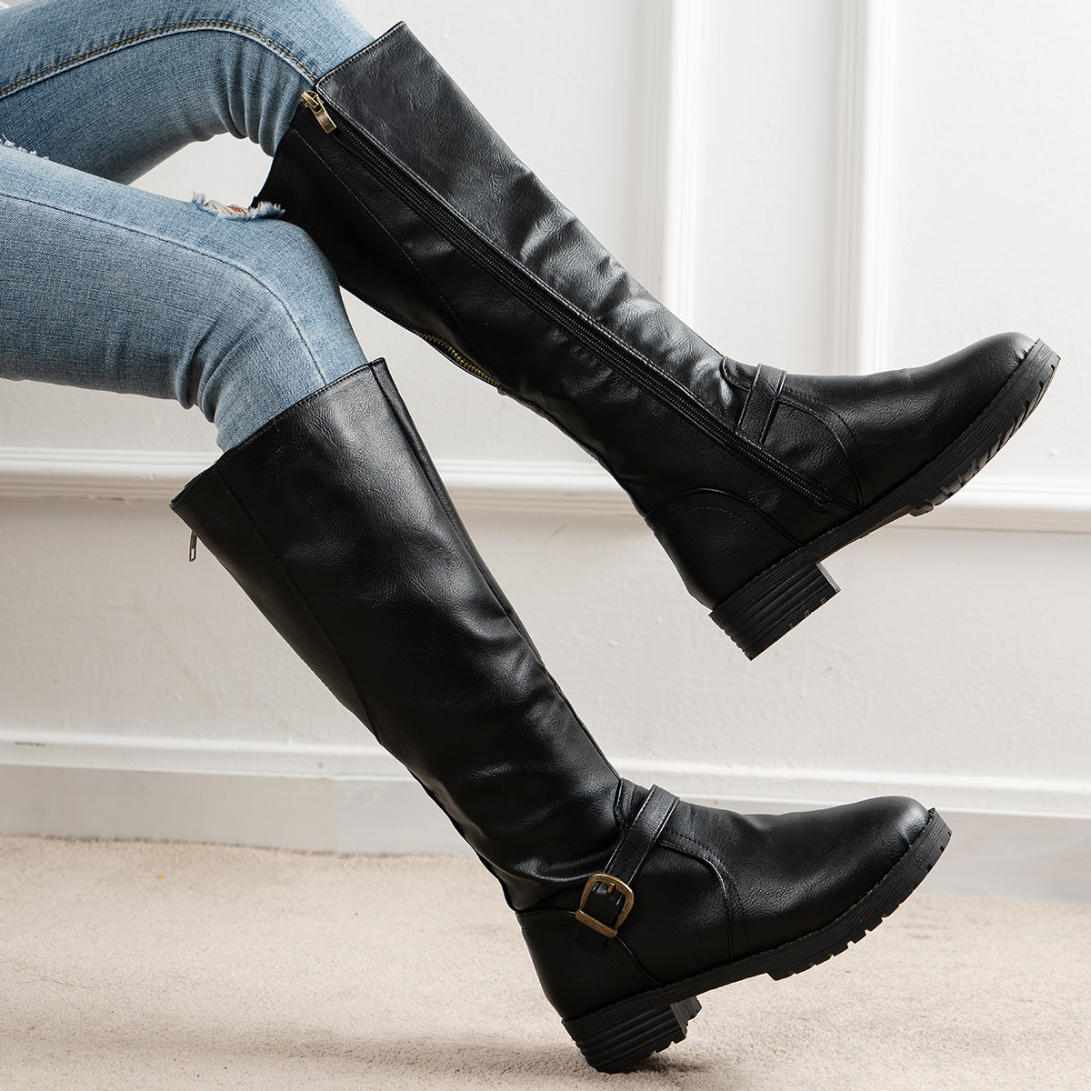 2023 Women Vintage leather Square Heel Thigh high-top Wide Calf Boots