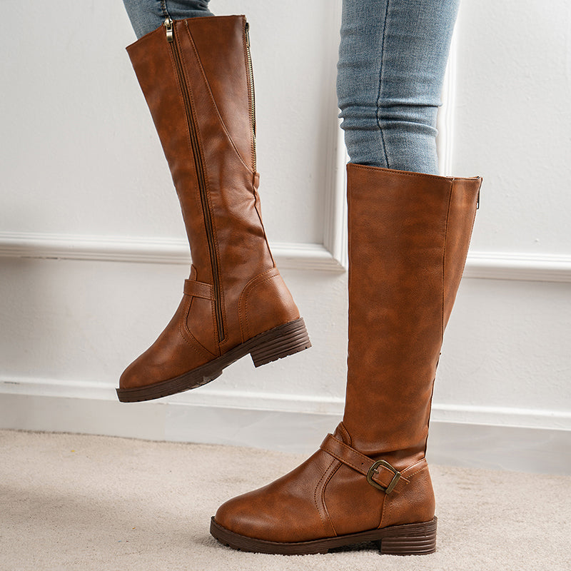 2023 Women Vintage leather Square Heel Thigh high-top Wide Calf Boots