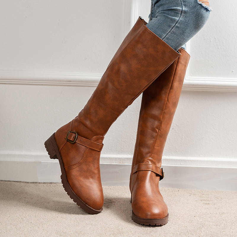2023 Women Vintage leather Square Heel Thigh high-top Wide Calf Boots