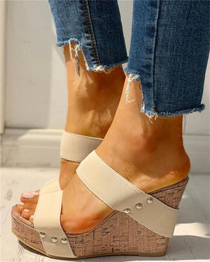 Women Rivet Detail Platform Wedge Open Toe Sandals, Comfortable Summer Wedges Shoes