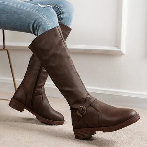 2023 Women Vintage leather Square Heel Thigh high-top Wide Calf Boots